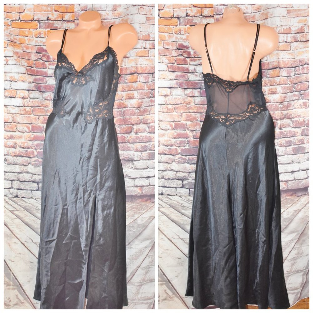 Victorias Secret Large Nightgown Vintage Gold Label Black Lace Side Slit Sexy